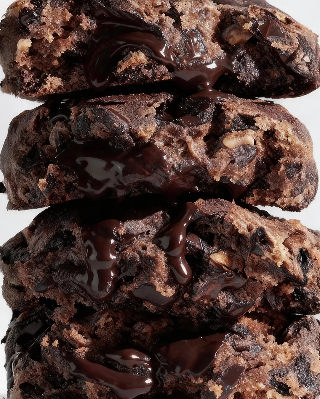 A freshly baked FES cookie, cross-sectioned to show the gooey molten centre