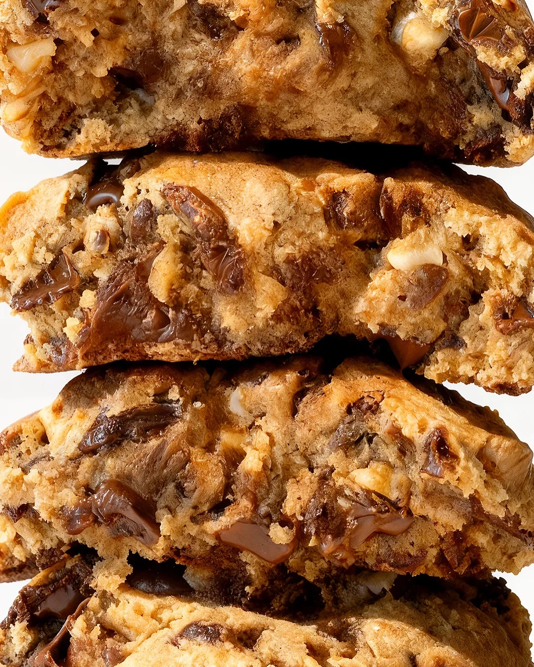 A freshly baked FES cookie, cross-sectioned to show the gooey molten centre