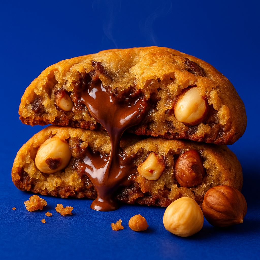 Dessert of the Month — the Hazelnut Baby cookie, broken open with molten hazelnut chocolate